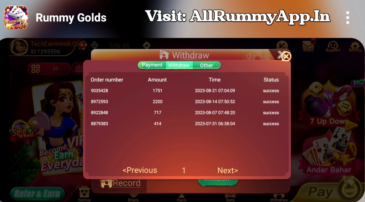 Rummy Golds APK Payment Proof